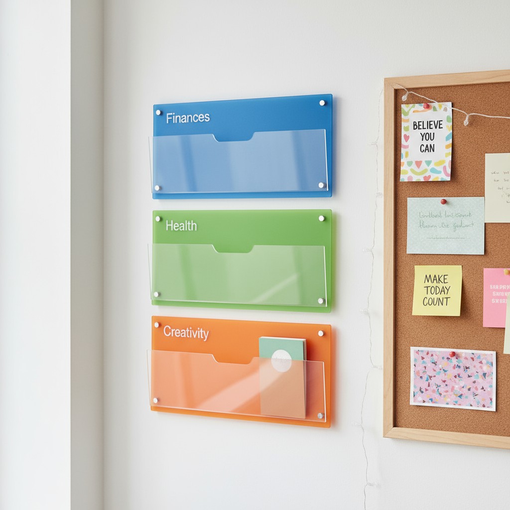 Three colorful organizational folders are depicted, each labeled with a distinct category: Finances, Health, and Creativit...